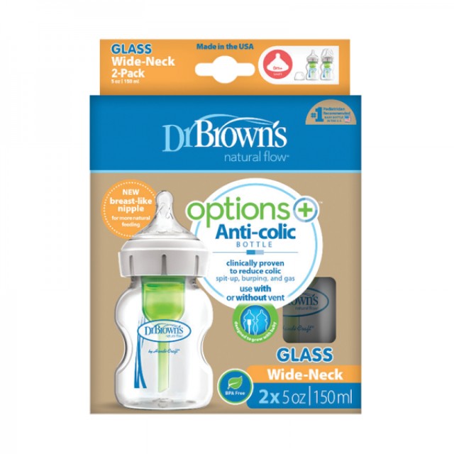 Dr. Browns Natural Flow Options+ Μπιμπερό Γυάλινο με Φαρδύ Λαιμό & Θηλή Σιλικόνης 2x150ml