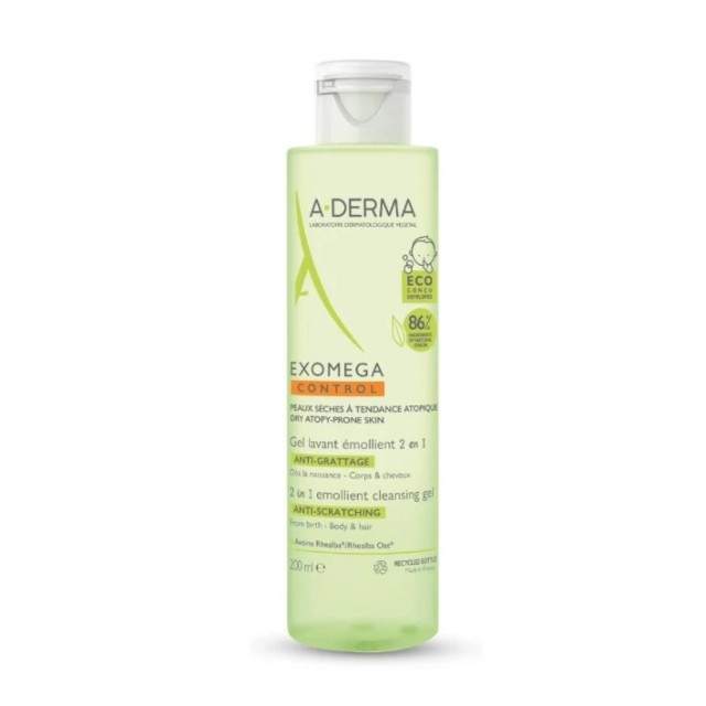 A-Derma Exomega Control Gel Lavant Emollient Μαλακτικό Τζελ Καθαρισμού 2 σε 1 για το Ατοπικό Δέρμα, για Μαλλιά & Σώμα 200ml