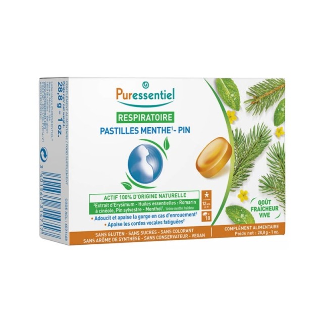 Puressentiel Respiratory Pine-Mint Lozenges Παστίλιες για τον Πονόλαιμο με Γεύση Μέντα - Πεύκο 18 Τεμάχια