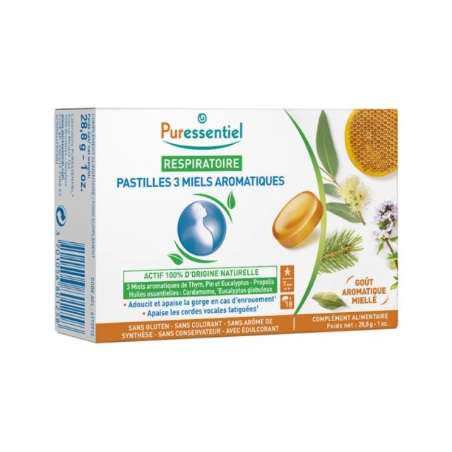 Puressentiel Respiratory Lozenges 3 Aromatic Honeys Παστίλιες για τον Πονόλαιμο με 3 Είδη Αρωματικού Μελιού 18 Τεμάχια