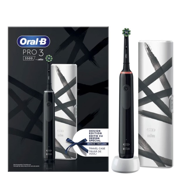 Oral-B Pro 3 3500 Design Edition Black Επαναφορτιζόμενη Ηλεκτρική Οδοντόβουρτσα & Θήκη Ταξιδίου, 1τεμ.