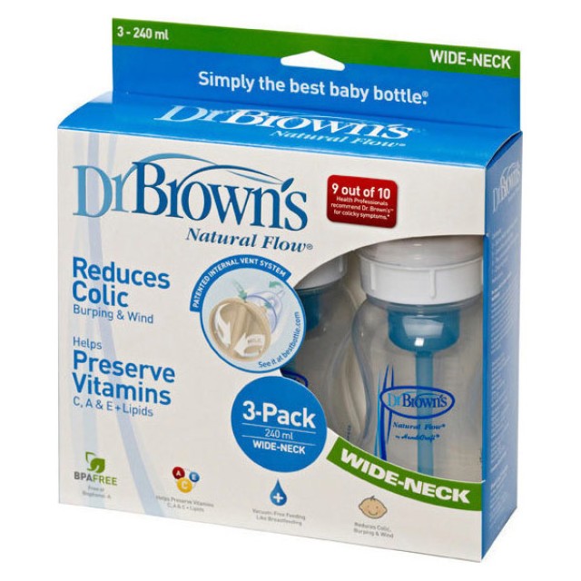 Dr. Browns Natural Flow, Πλαστικό Μπιμπερό με Φαρδύ Λαιμό 240ml 3τμχ