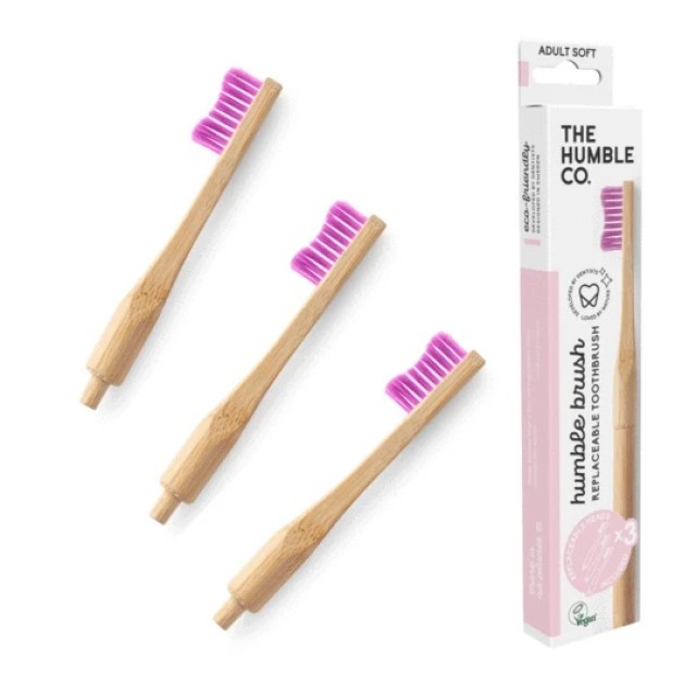 THE HUMBLE CO Humble Replaceable Brush, Οδοντόβουρτσα Bamboo με 3 Αντικαταστάσιμες Κεφαλές - Soft Ροζ