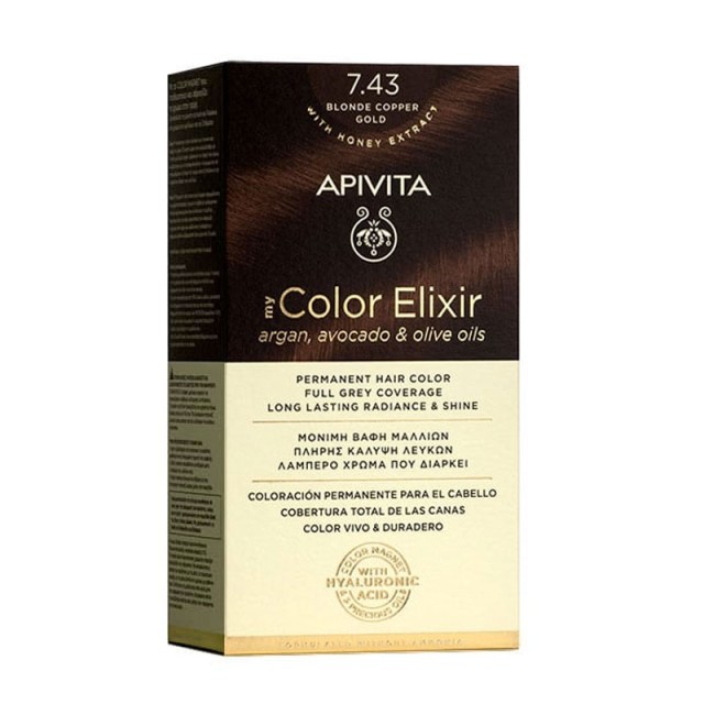 Apivita My Color Elixir Νο 7.43 Βαφή Μαλλιών Ξανθό Χάλκινο Μελί με Έλαια Άργκαν, Αβοκάντο & Ελιάς, 1τεμ