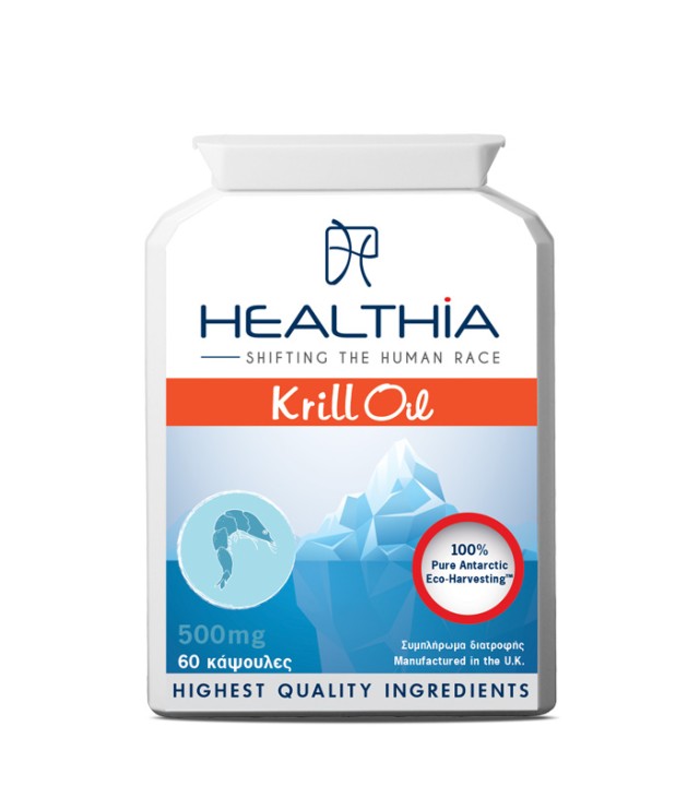 Healthia Krill Oil 500mg Συμπλήρωμα Διατροφής με Ω3 Λιπαρά Οξέα, 60 caps