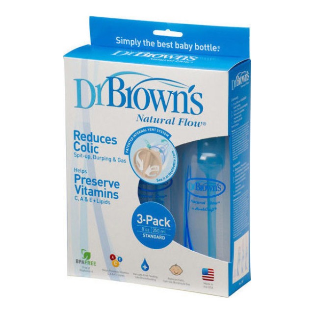 Dr. Browns Natural Flow, Πλαστικό Μπιμπερό με Στενό Λαιμό 250ml 3τμχ