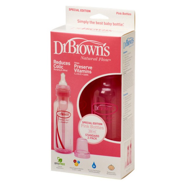 Dr. Browns Natural Flow, Πλαστικό Μπιμπερό με Στενό Λαιμό Ροζ 250ml 2τμχ