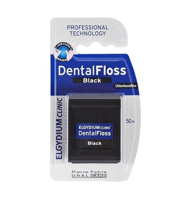 Elgydium Dental Floss Black Οδοντικό Νήμα με Μαύρο Χρώμα, Ελαφρά Κερωμένο & Εμποτισμένο με Χλωρεξιδίνη, 50m