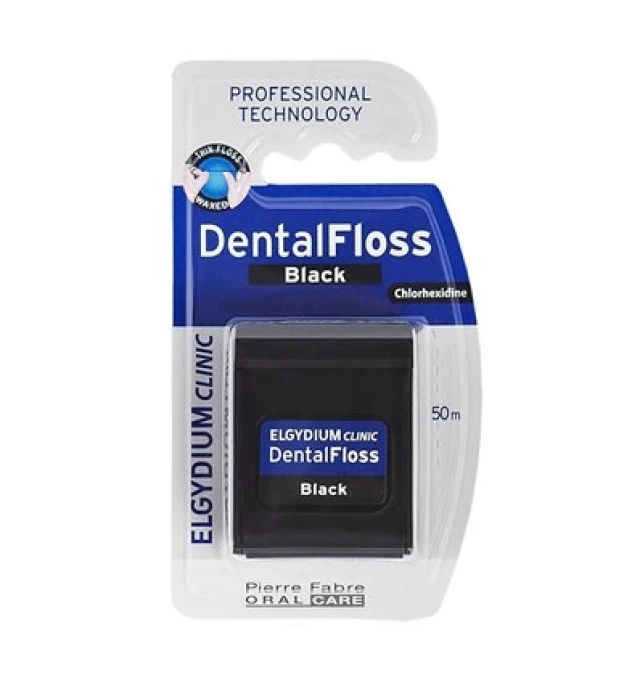Elgydium Dental Floss Black Οδοντικό Νήμα με Μαύρο Χρώμα, Ελαφρά Κερωμένο & Εμποτισμένο με Χλωρεξιδίνη, 50m